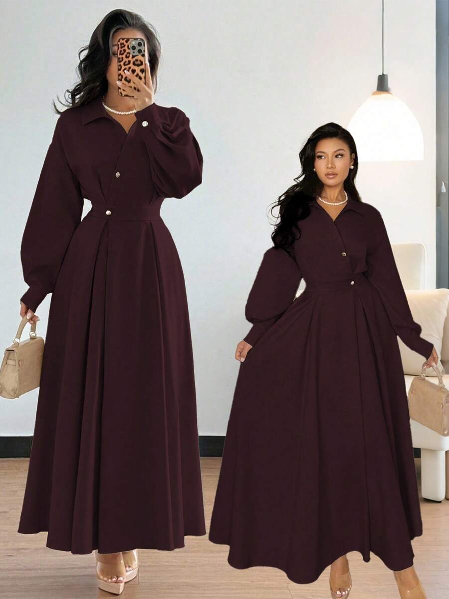 SHEIN Rafferiza فستان عنابي بياقة منقلبة وأكمام طويلة