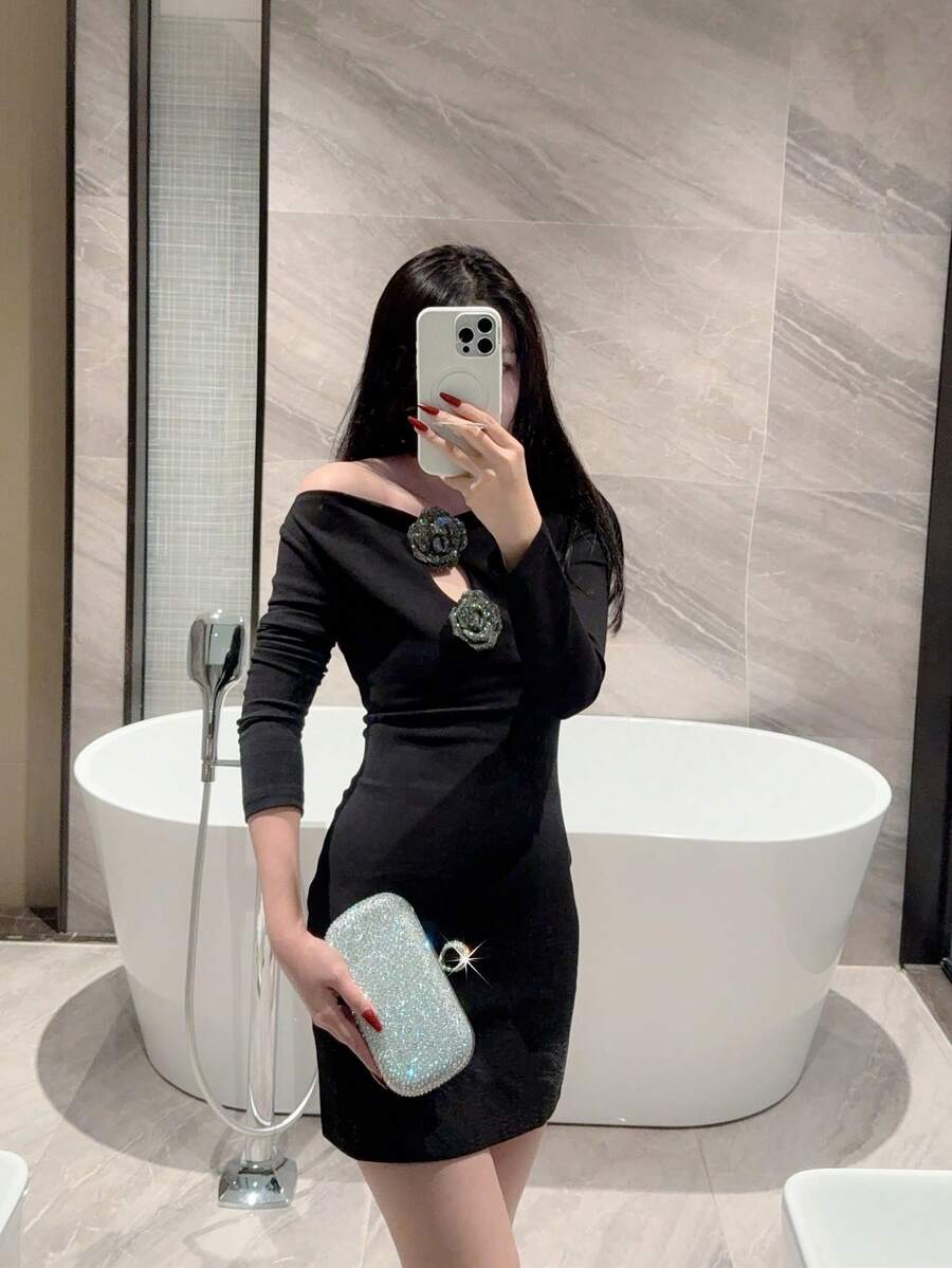 SHEIN حقيبة ليلة القمر كتف معدنية بالراين الفضي