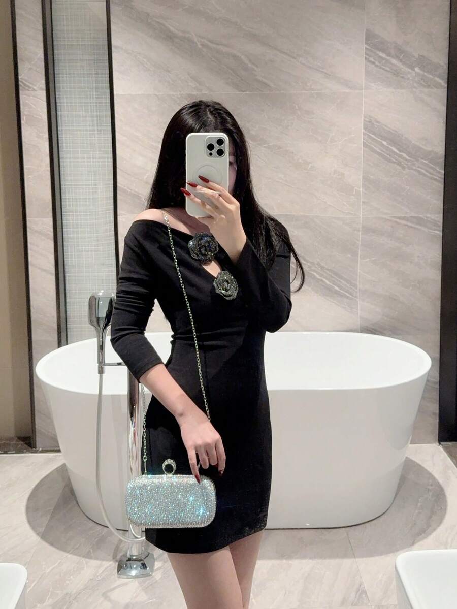SHEIN حقيبة ليلة القمر كتف معدنية بالراين الفضي
