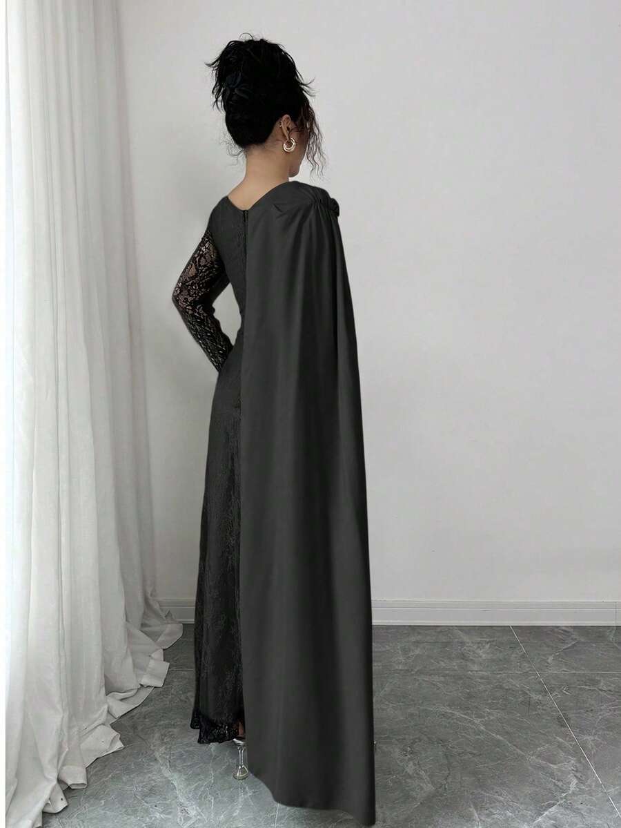 SHEIN Elenzga فستان اسود كتف منحرف وياقة شال بالدانتيل