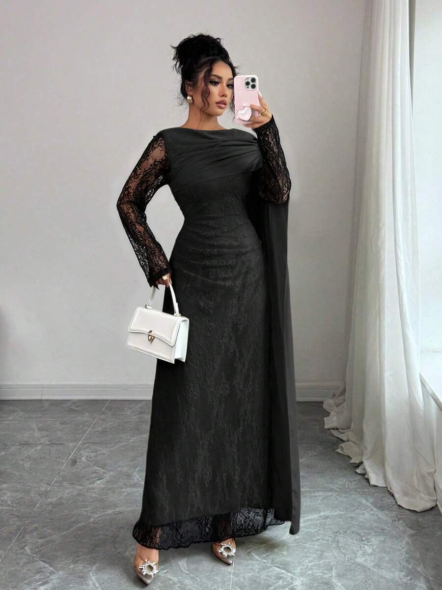 SHEIN Elenzga فستان اسود كتف منحرف وياقة شال بالدانتيل