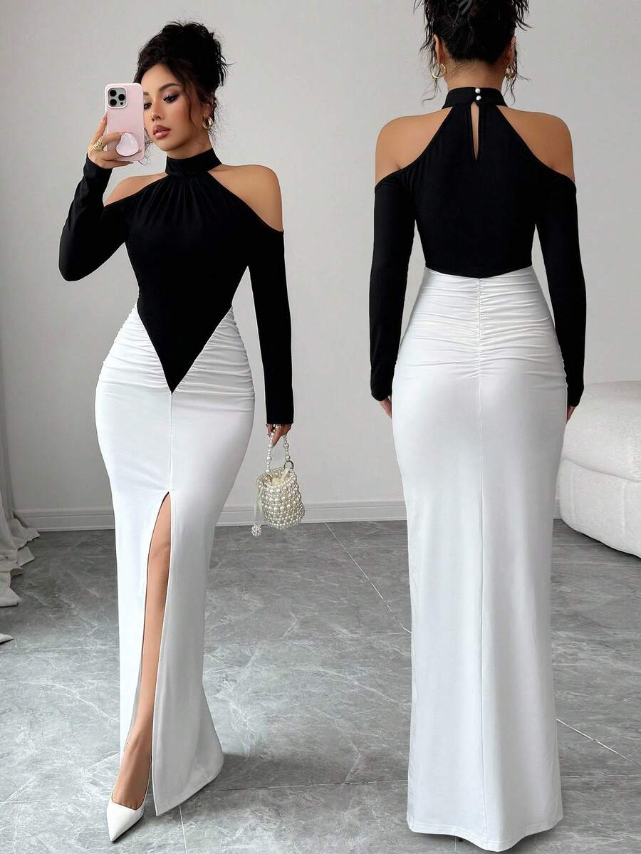 SHEIN Gloray فستان ماكسي ابيض واسود ضيق كتف مكشوف