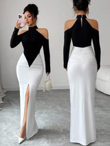 SHEIN Gloray فستان ماكسي ابيض واسود ضيق كتف مكشوف