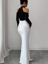 SHEIN Gloray فستان ماكسي ابيض واسود ضيق كتف مكشوف