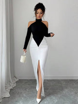 SHEIN Gloray فستان ماكسي ابيض واسود ضيق كتف مكشوف