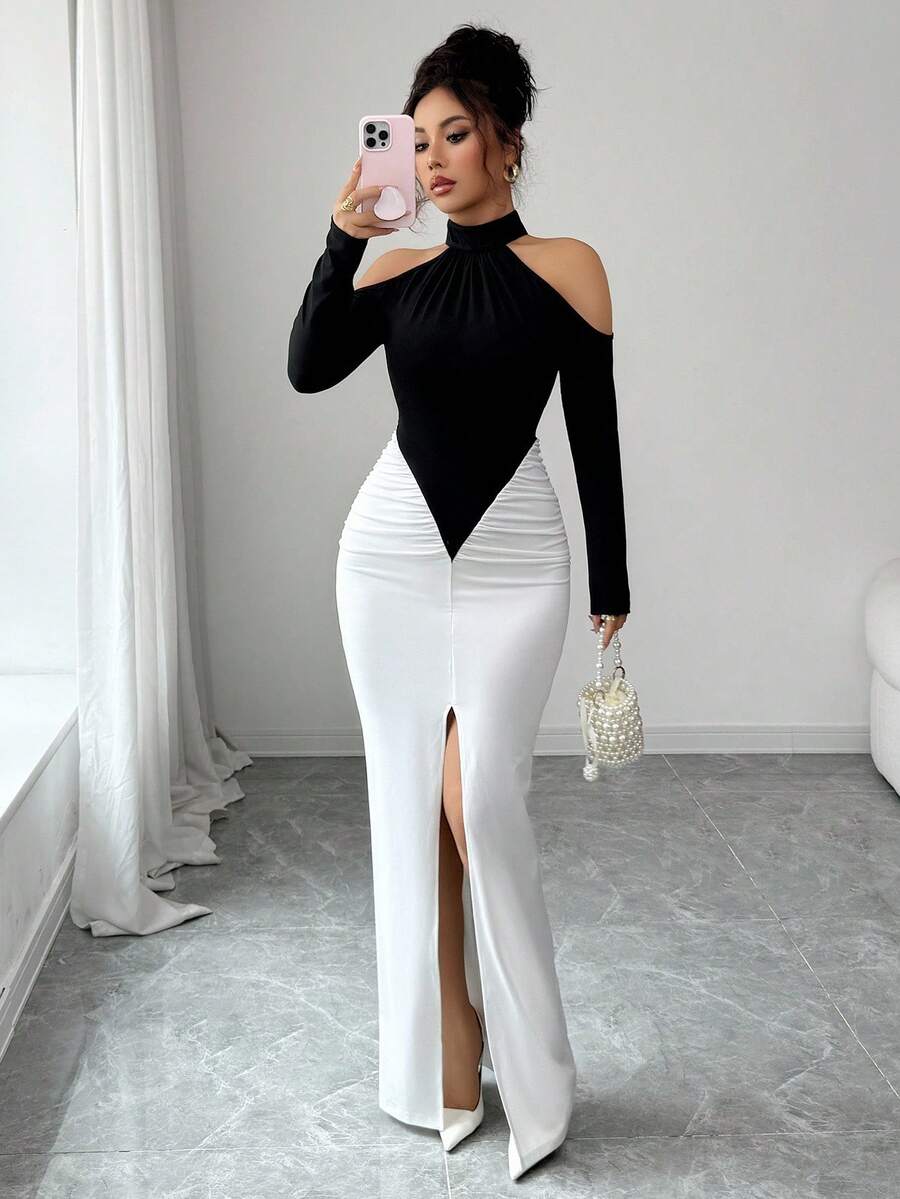 SHEIN Gloray فستان ماكسي ابيض واسود ضيق كتف مكشوف