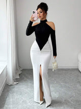 SHEIN Gloray فستان ماكسي ابيض واسود ضيق كتف مكشوف