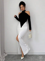 SHEIN Gloray فستان ماكسي ابيض واسود ضيق كتف مكشوف