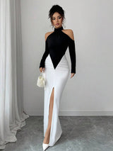SHEIN Gloray فستان ماكسي ابيض واسود ضيق كتف مكشوف
