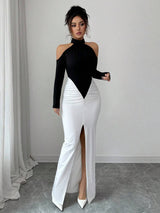 SHEIN Gloray فستان ماكسي ابيض واسود ضيق كتف مكشوف