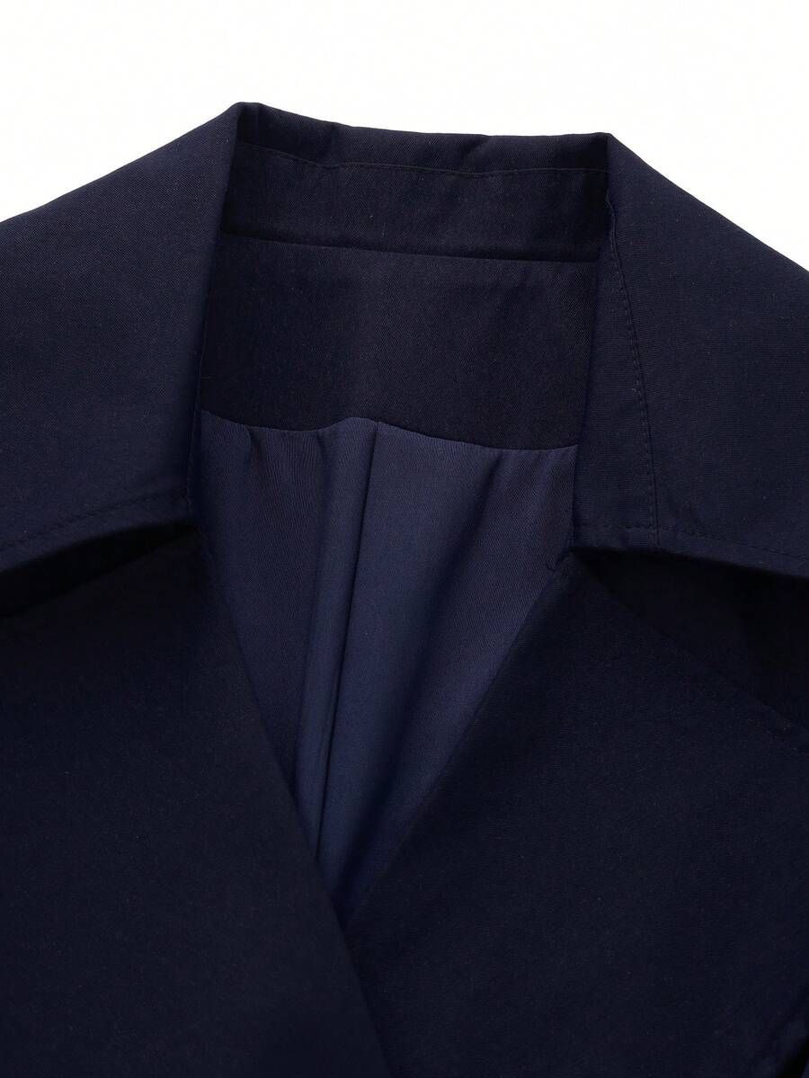 SHEIN معطف نسائي بلون أزرق داكن بأكمام طويلة وربطة خصر وياقة مائلة