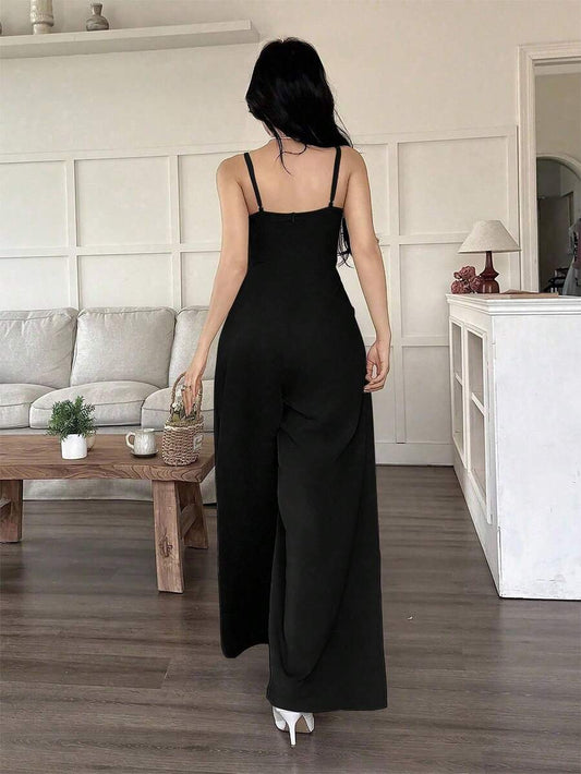 SHEIN EMERY ROSE جمبسوت أسود واسع الساق بطيات فضفاضة