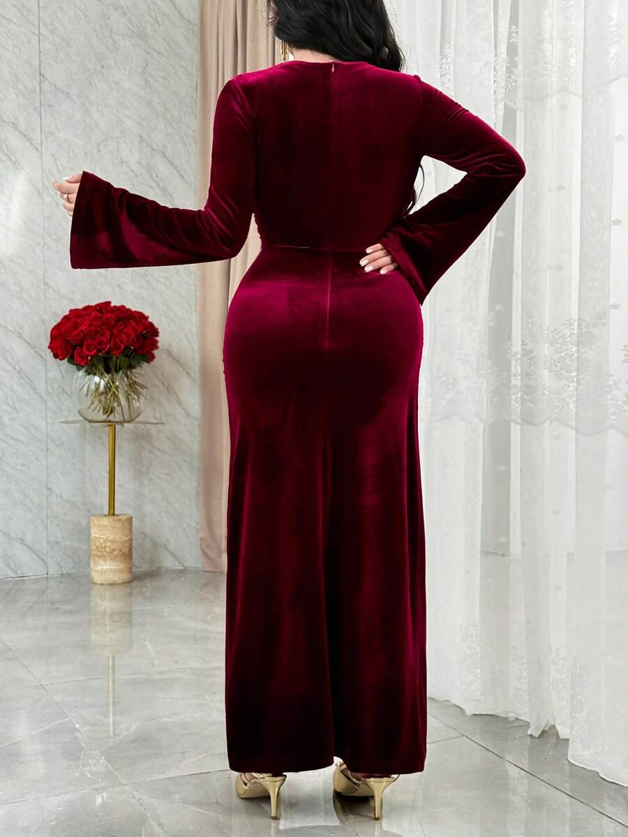 SHEIN Modelyn فستان عنابي أنيق بأكمام واسعة