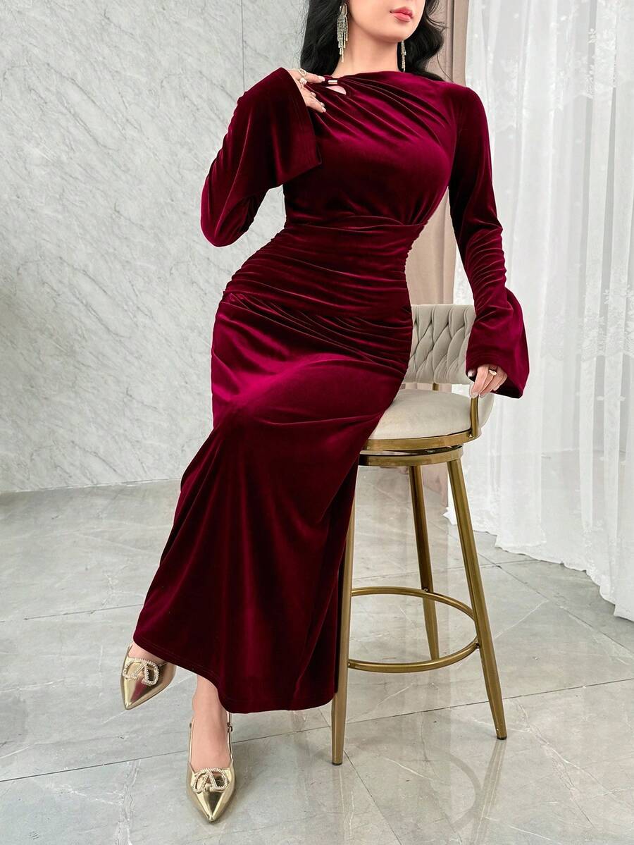 SHEIN Modelyn فستان عنابي أنيق بأكمام واسعة