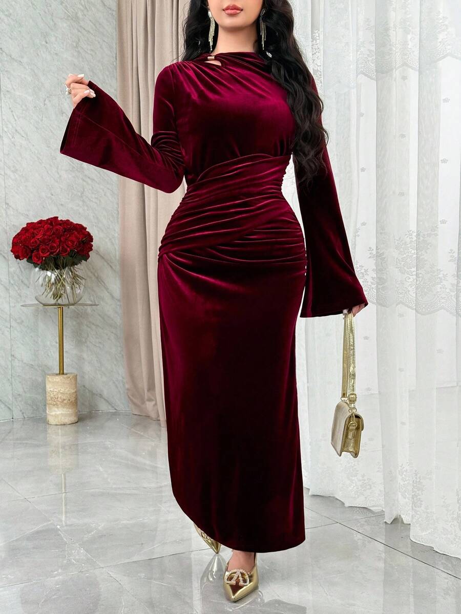 SHEIN Modelyn فستان عنابي أنيق بأكمام واسعة
