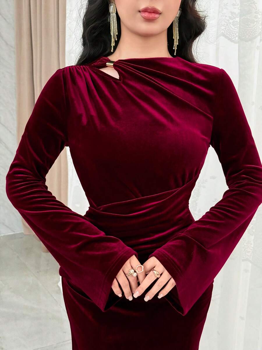 SHEIN Modelyn فستان عنابي أنيق بأكمام واسعة