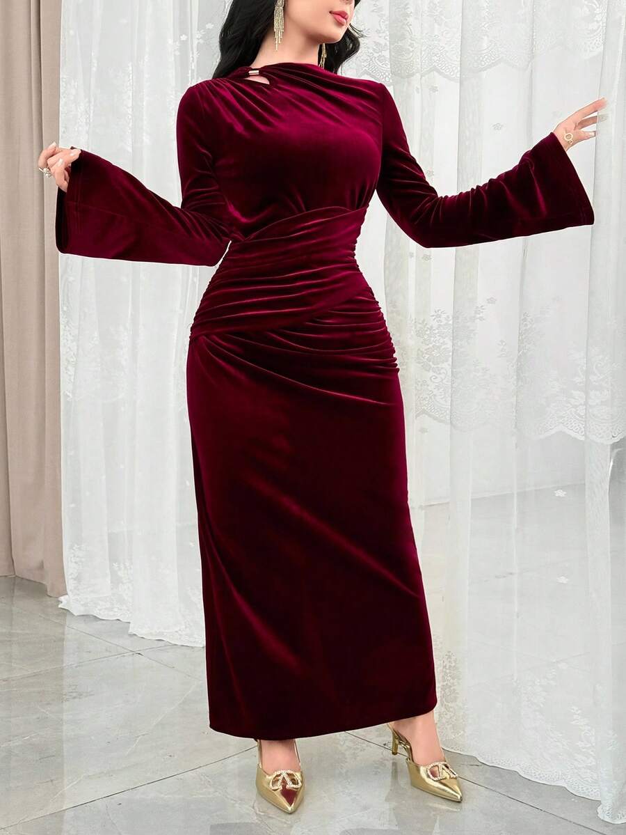SHEIN Modelyn فستان عنابي أنيق بأكمام واسعة