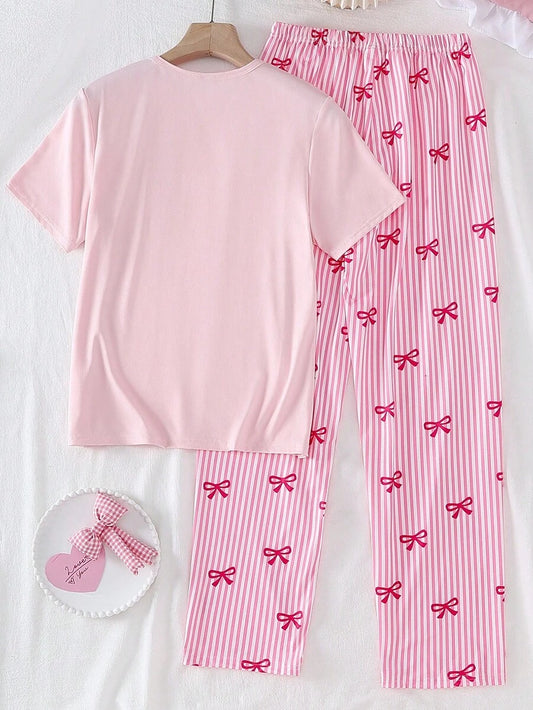 SHEIN طقم بيجامة 2 قطعة بلوزة وفيونكة وردية وبنطلون مخطط