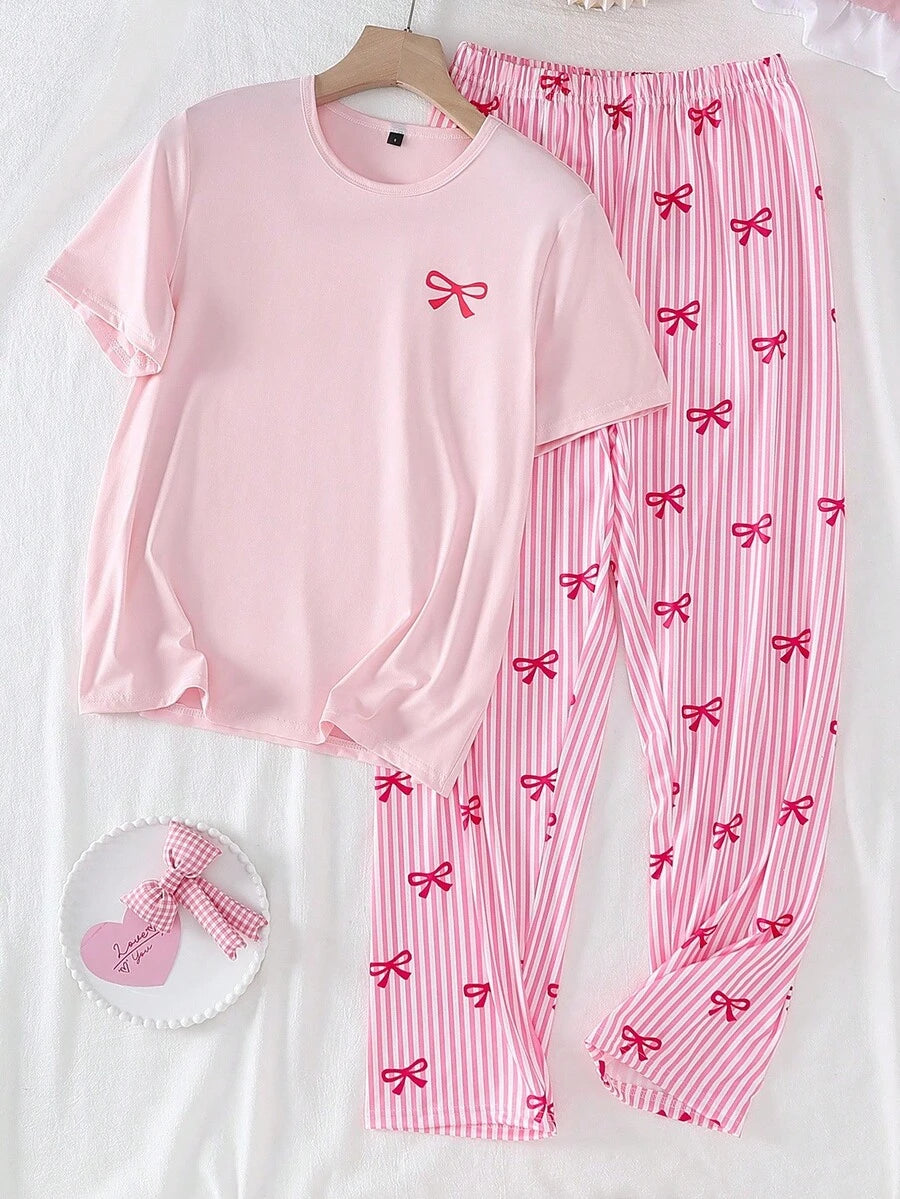 SHEIN طقم بيجامة 2 قطعة بلوزة وفيونكة وردية وبنطلون مخطط