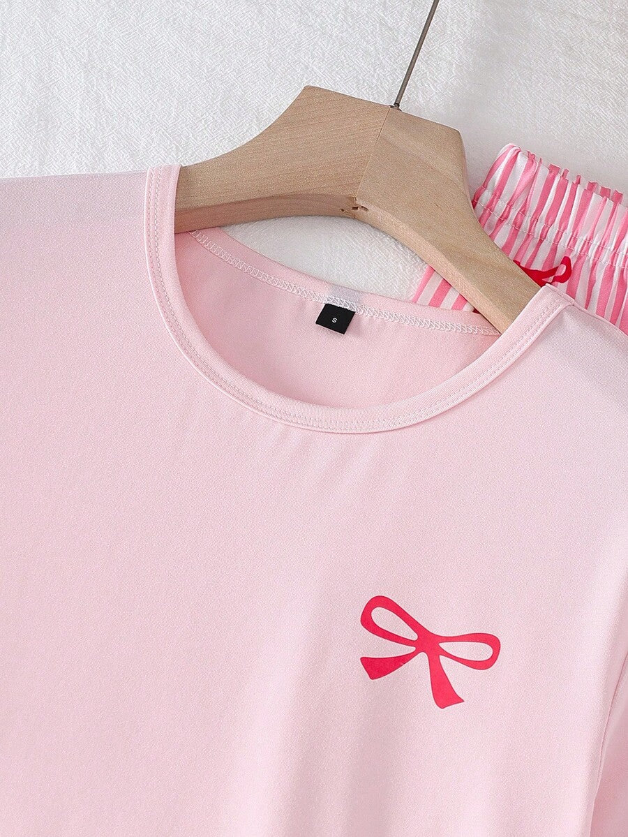 SHEIN طقم بيجامة 2 قطعة بلوزة وفيونكة وردية وبنطلون مخطط