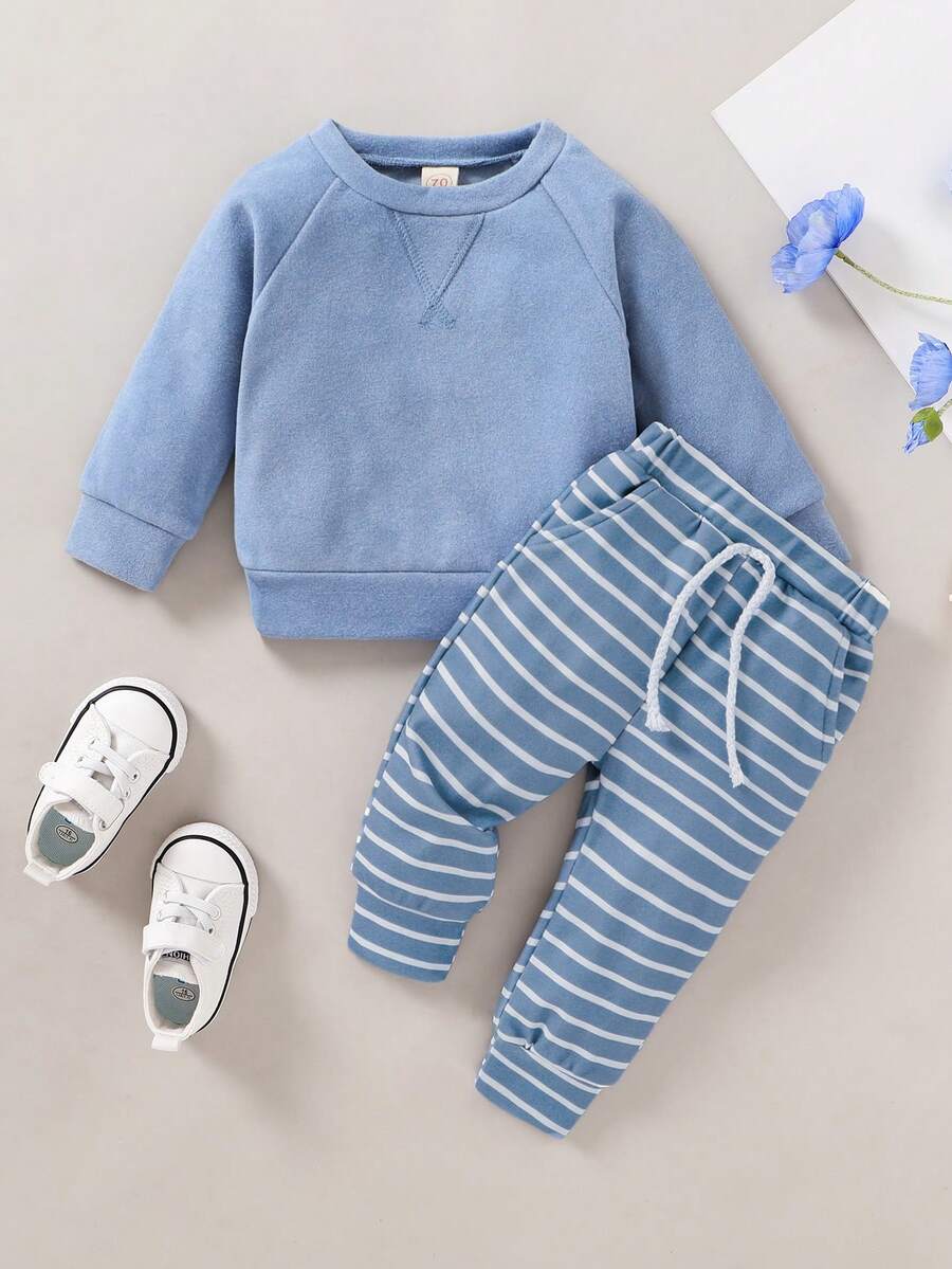 SHEIN طقم أطفال قطعتان بنطال مخطط وسترة بغطاء للرأس