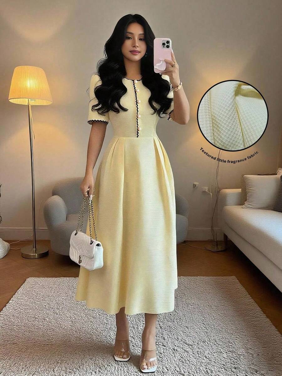 SHEIN Rafferiza فستان أصفر شيفون متوسط الطول بأكمام قصيرة منتفخة