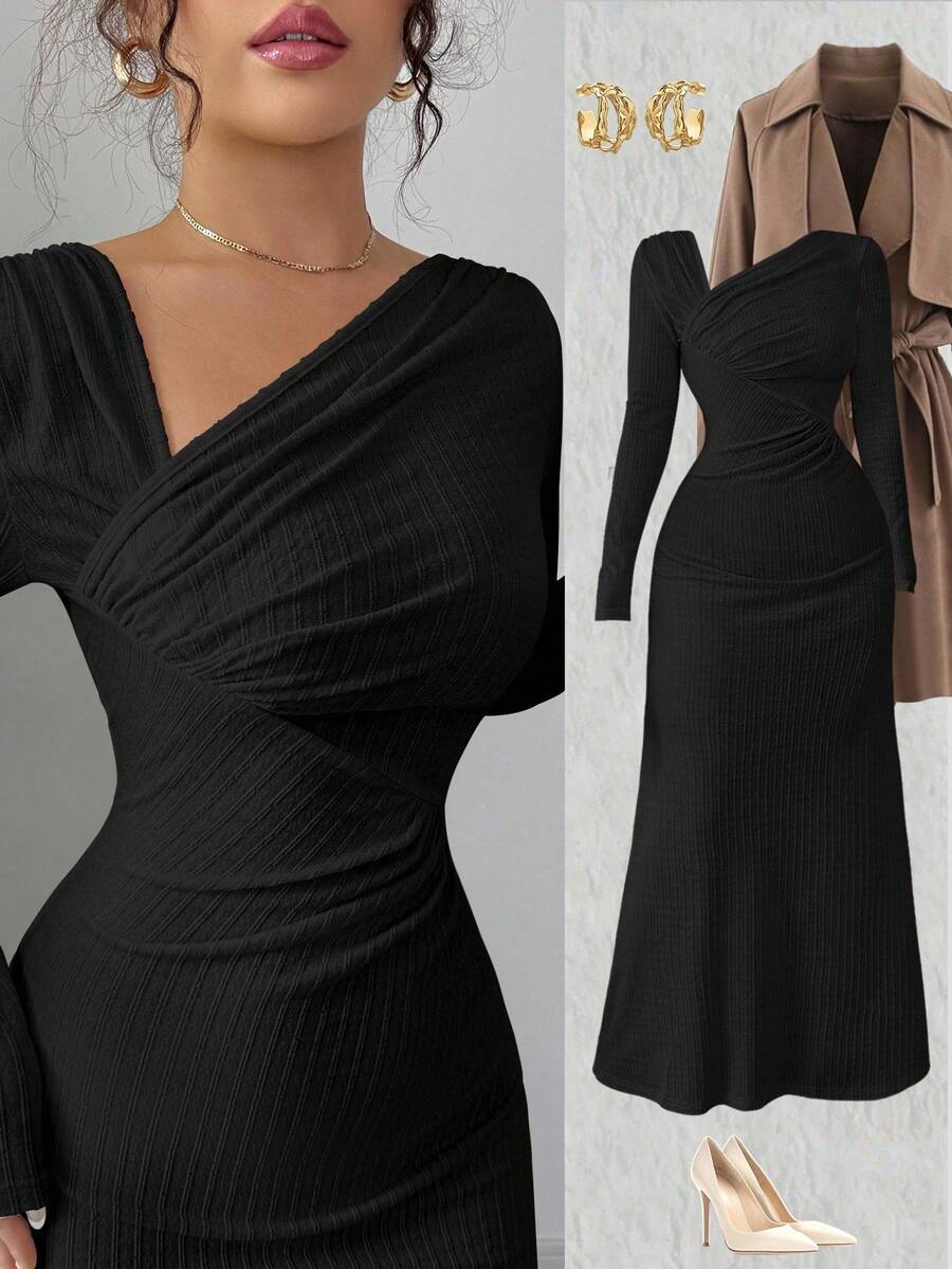 SHEIN Elenzga فستان اسود كاجوال بياقة مائلة وأكمام طويلة