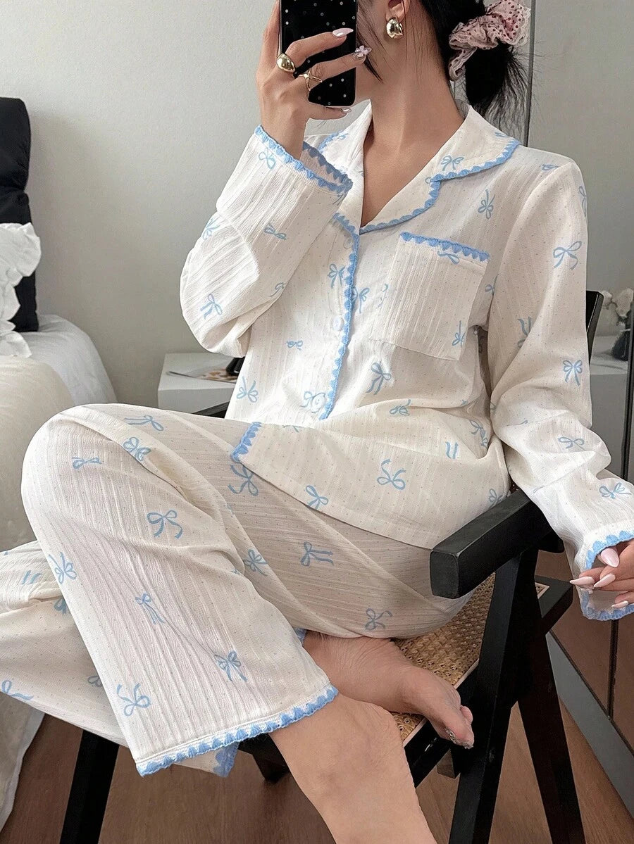 SHEIN Dream Adore طقم بيجامة بلوزة بأكمام طويلة مزينة بالدانتيل وبنطلون