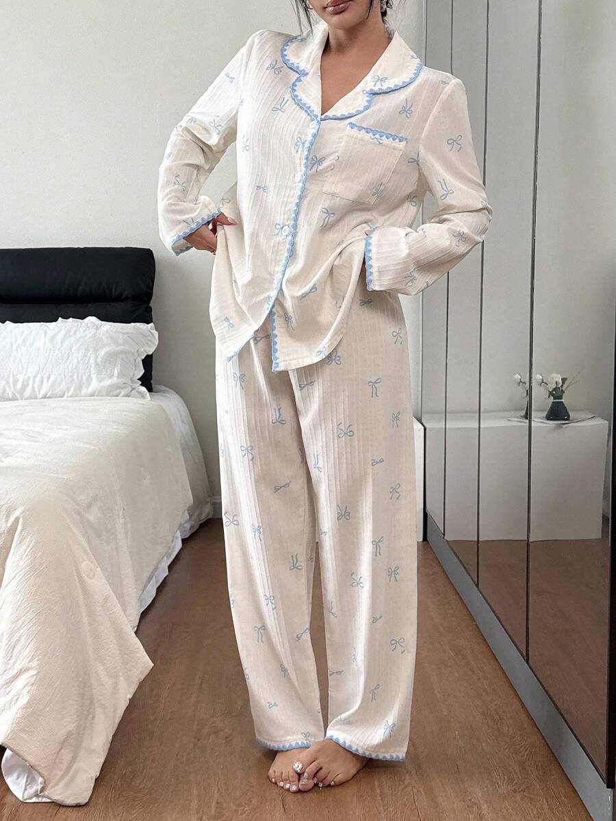 SHEIN Dream Adore طقم بيجامة بلوزة بأكمام طويلة مزينة بالدانتيل وبنطلون