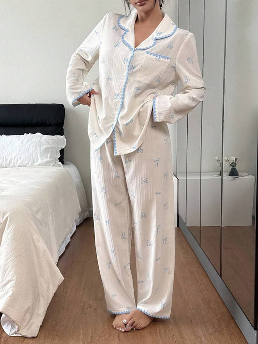 SHEIN Dream Adore طقم بيجامة بلوزة بأكمام طويلة مزينة بالدانتيل وبنطلون