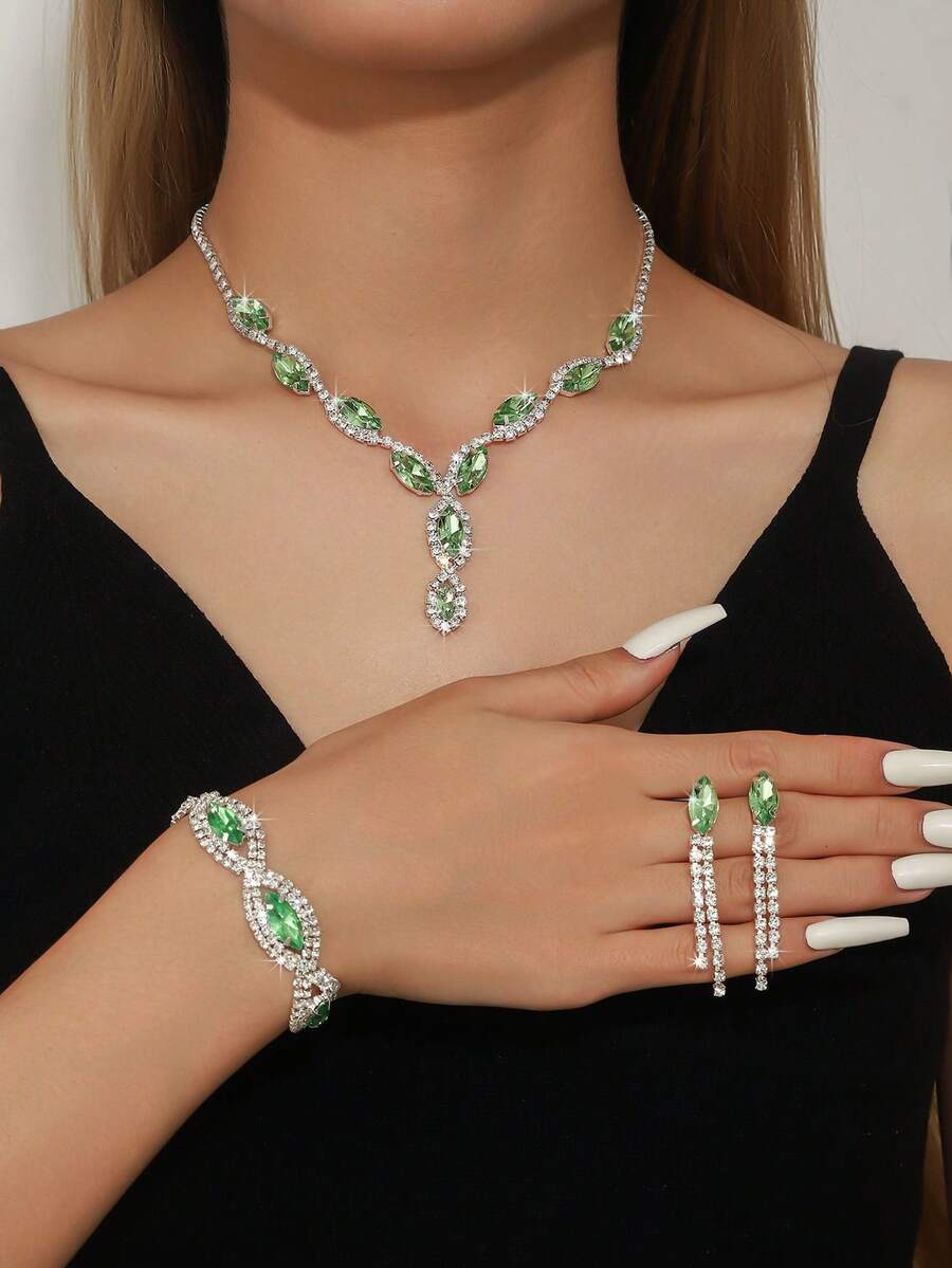 SHEIN طقم مجوهرات اخضر قلادة وأقراط وسوار مرصع