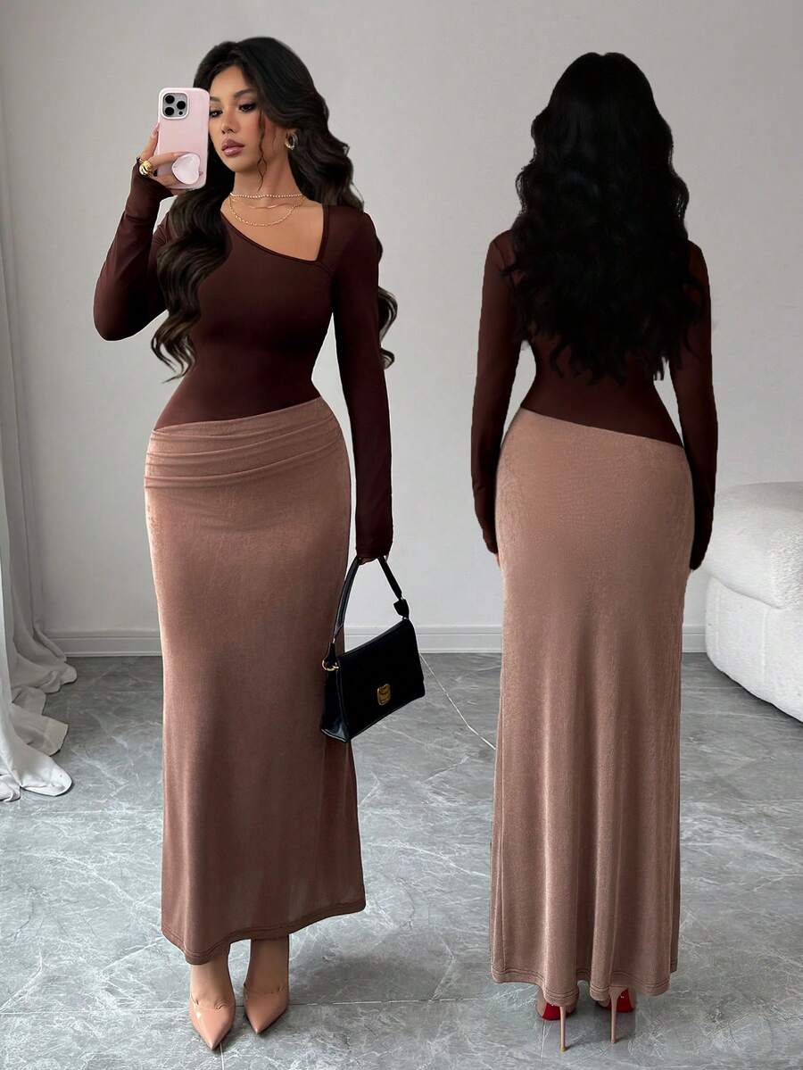 SHEIN Elenzya فستان بني قصير قصة بكشكشة على الكتف