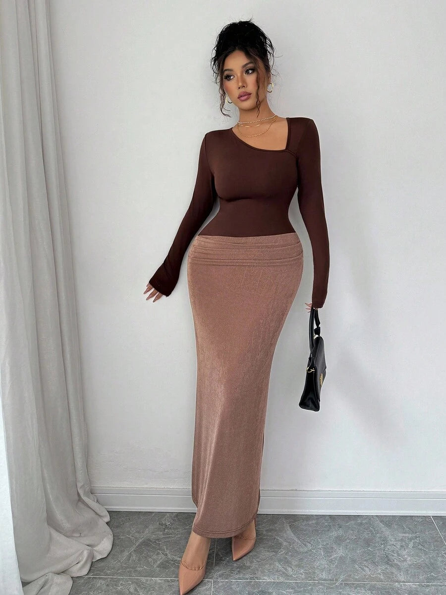 SHEIN Elenzya فستان بني قصير قصة بكشكشة على الكتف