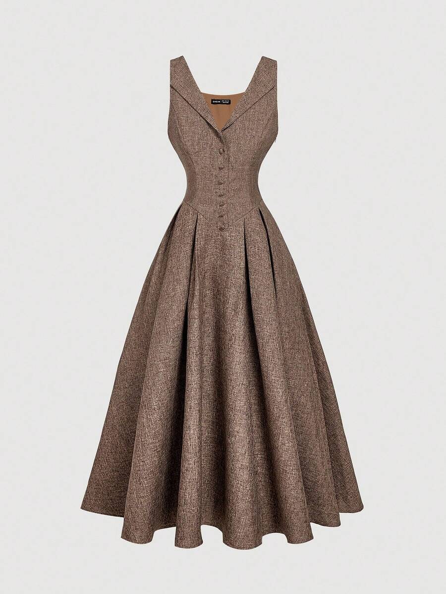 SHEIN MOD فستان ميدي بلون بني بأزرار وطوق مع خصر مضيق