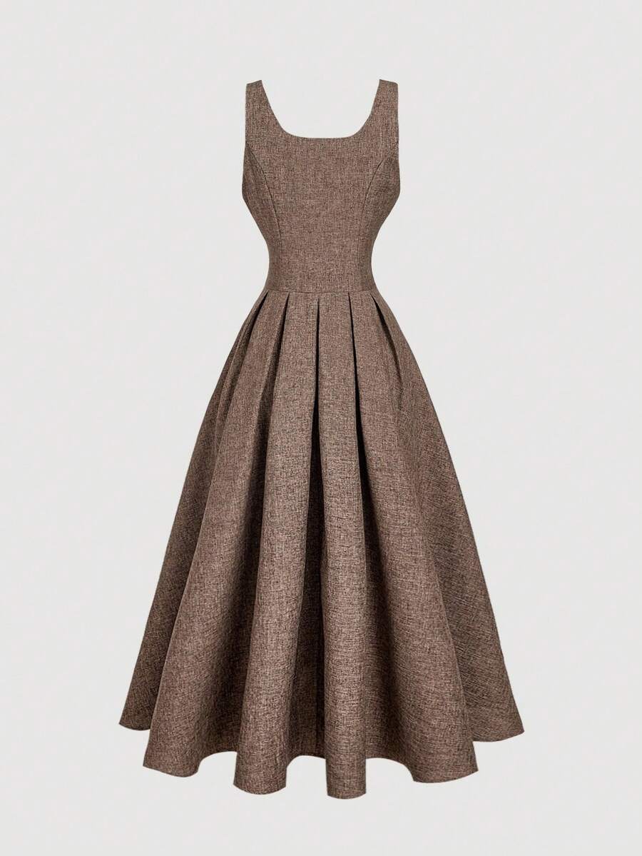 SHEIN MOD فستان ميدي بلون بني بأزرار وطوق مع خصر مضيق