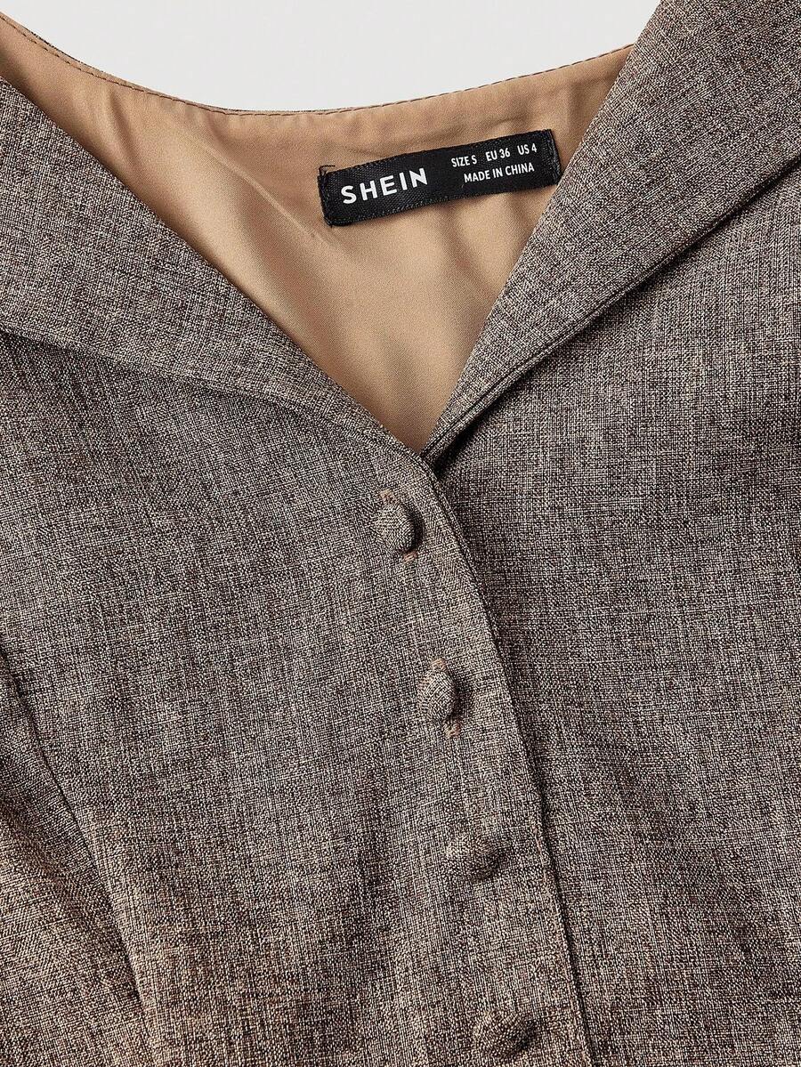 SHEIN MOD فستان ميدي بلون بني بأزرار وطوق مع خصر مضيق