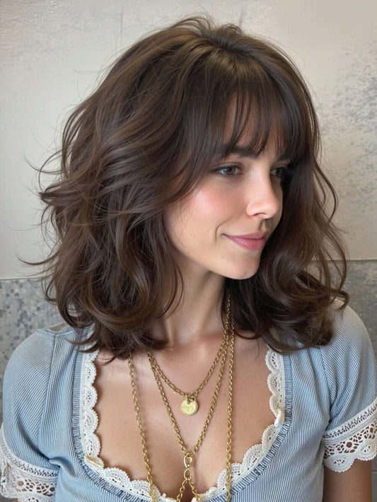 SHEIN باروكة شعر مموج قصير بني داكن 12 بوصة مقاومة للحرارة