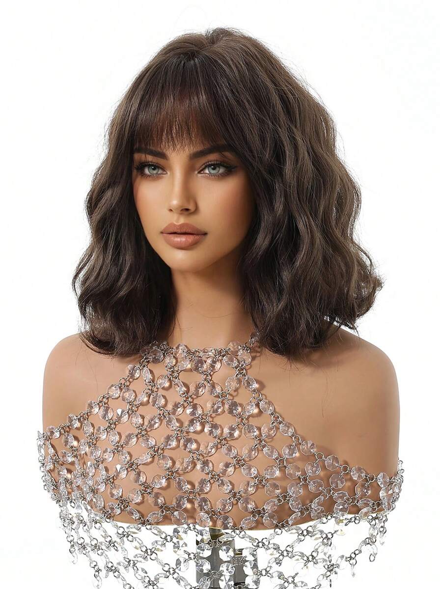 SHEIN باروكة شعر مموج قصير بني داكن 12 بوصة مقاومة للحرارة