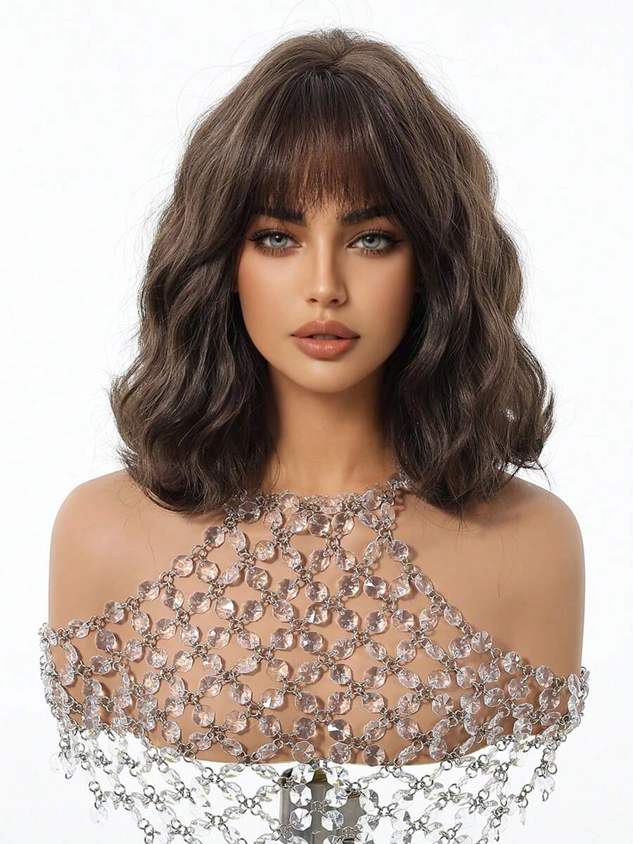 SHEIN باروكة شعر مموج قصير بني داكن 12 بوصة مقاومة للحرارة