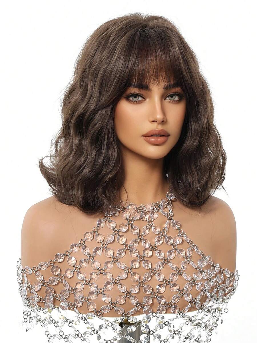 SHEIN باروكة شعر مموج قصير بني داكن 12 بوصة مقاومة للحرارة