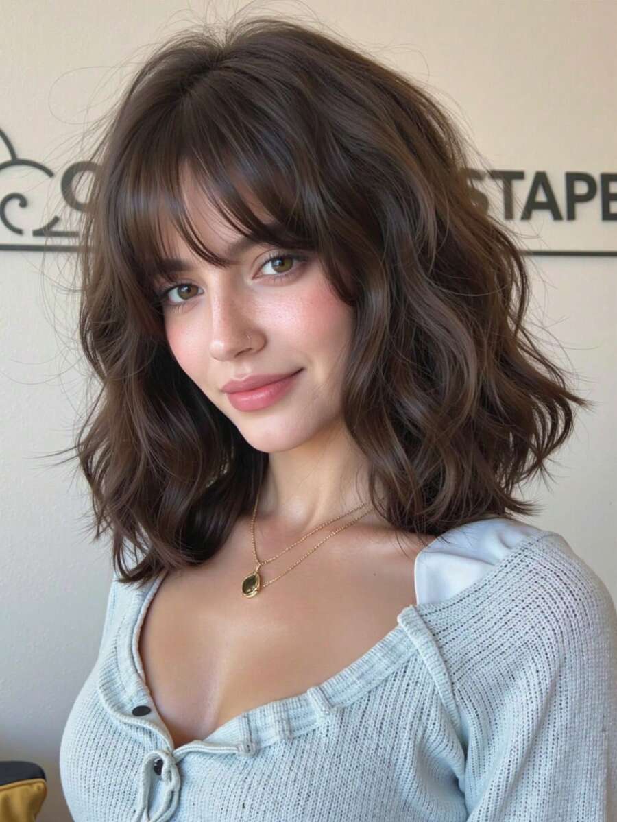 SHEIN باروكة شعر مموج قصير بني داكن 12 بوصة مقاومة للحرارة