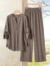 SHEIN Rusticease طقم نسائي كاجوال قطعتين بلوزة بياقة V وبنطال واسع