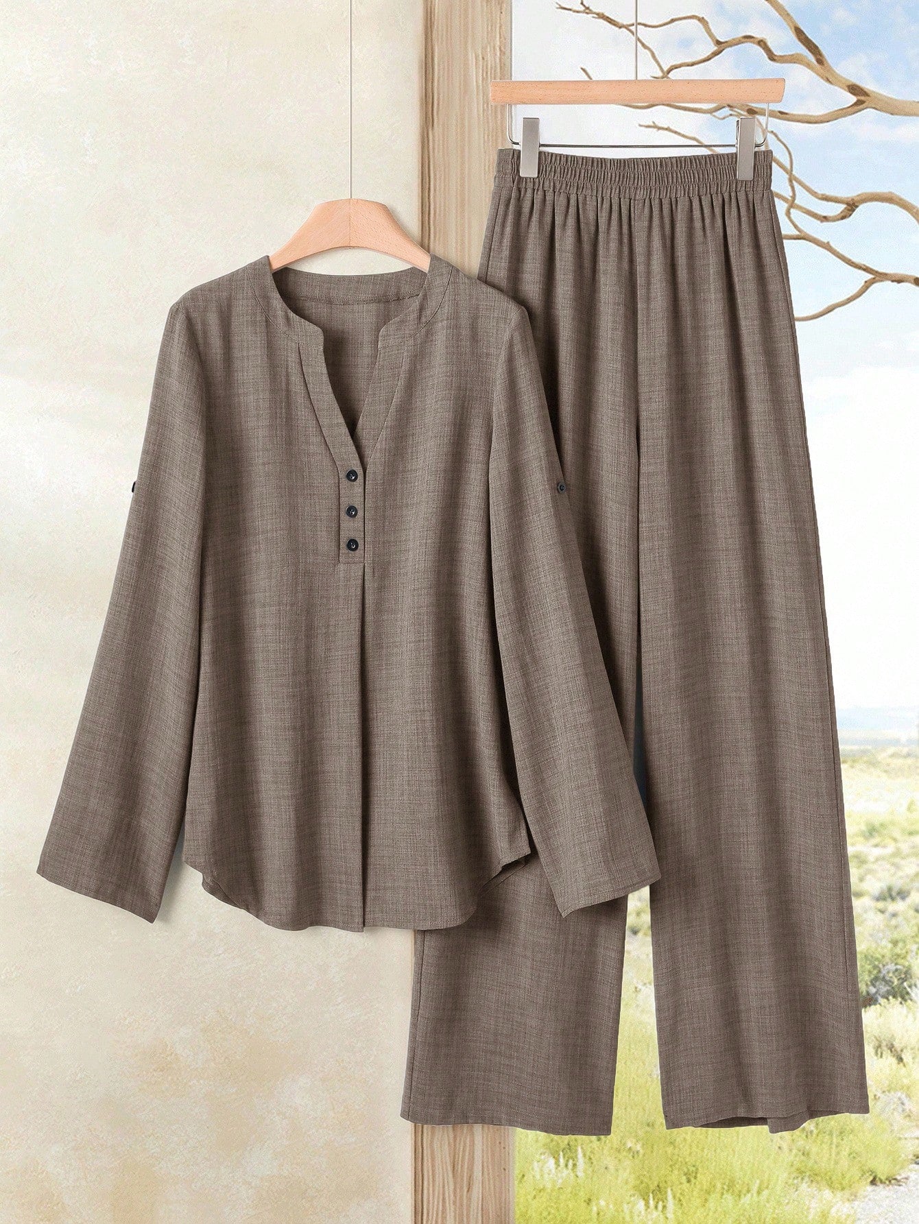SHEIN Rusticease طقم نسائي كاجوال من قطعتين بياقة V وبنطال واسع