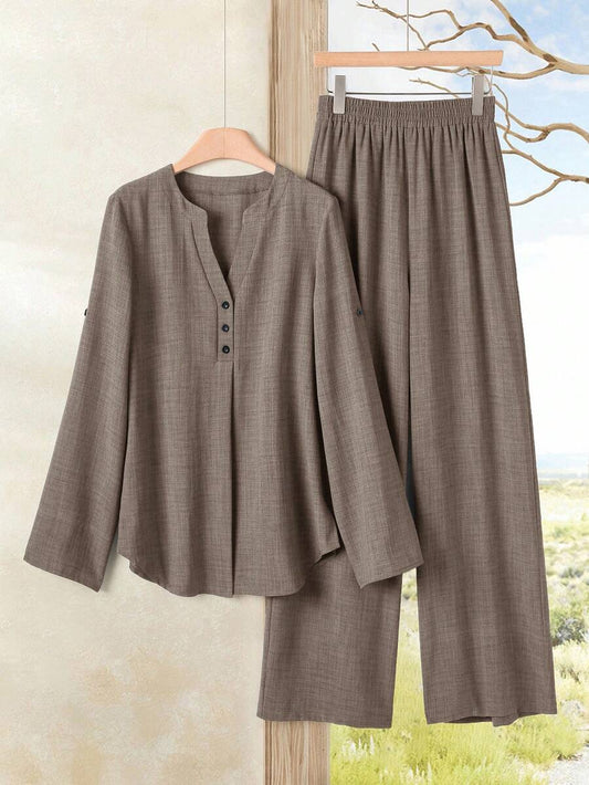 SHEIN Rusticease طقم نسائي كاجوال قطعتين بلوزة بياقة V وبنطال واسع