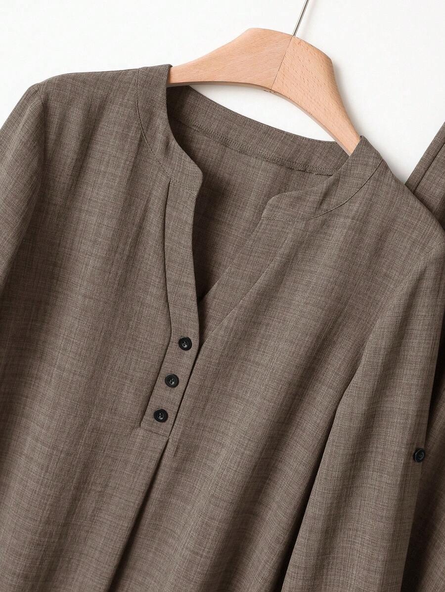 SHEIN Rusticease طقم نسائي كاجوال قطعتين بلوزة بياقة V وبنطال واسع