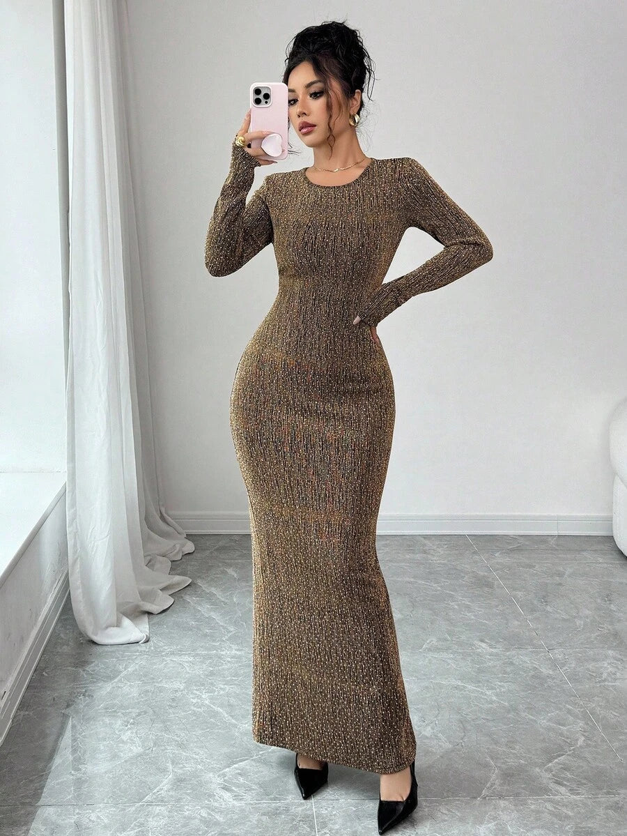 SHEIN Elenzga فستان ذهبي طويل مطرز بالراين ستون