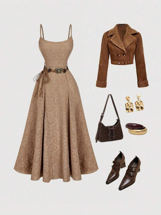 SHEIN MOD فستان بني طويل مع حزام  بأسلوب بوهو وكاجوال