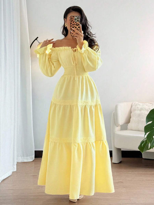 SHEIN Elenzya فستان طويل بأكمام منتفخة وربطة خصر وتصميم مكشوف الكتفين