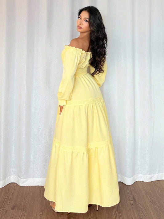 SHEIN Elenzya فستان طويل بأكمام منتفخة وربطة خصر وتصميم مكشوف الكتفين