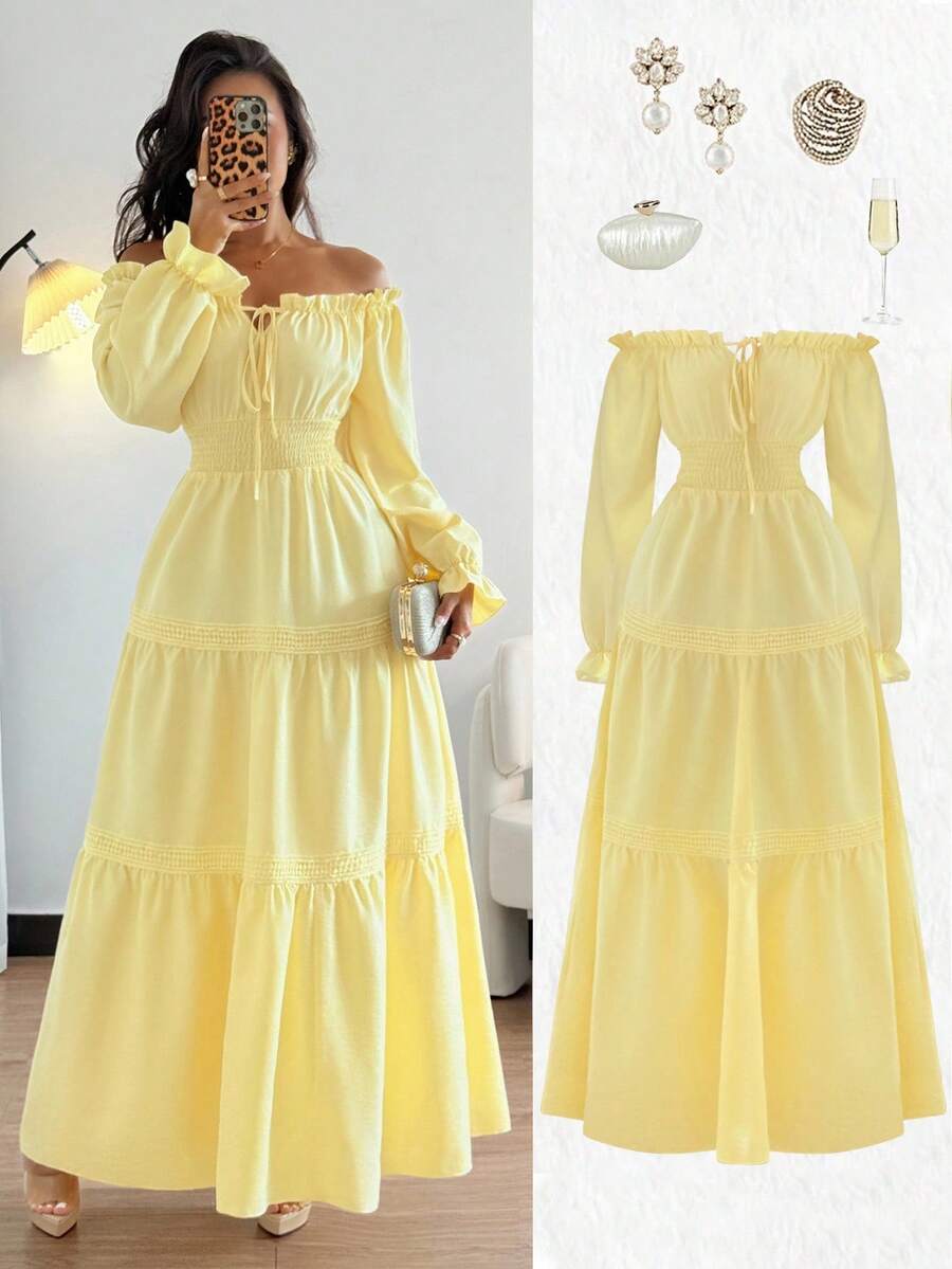 SHEIN Elenzya فستان طويل بأكمام منتفخة وربطة خصر وتصميم مكشوف الكتفين